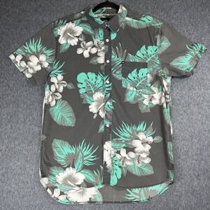 Vintage‎ Quiksilver Shirt Mens L Grey Teal Floral Hawaiian Aloha Skate Surf Y2K